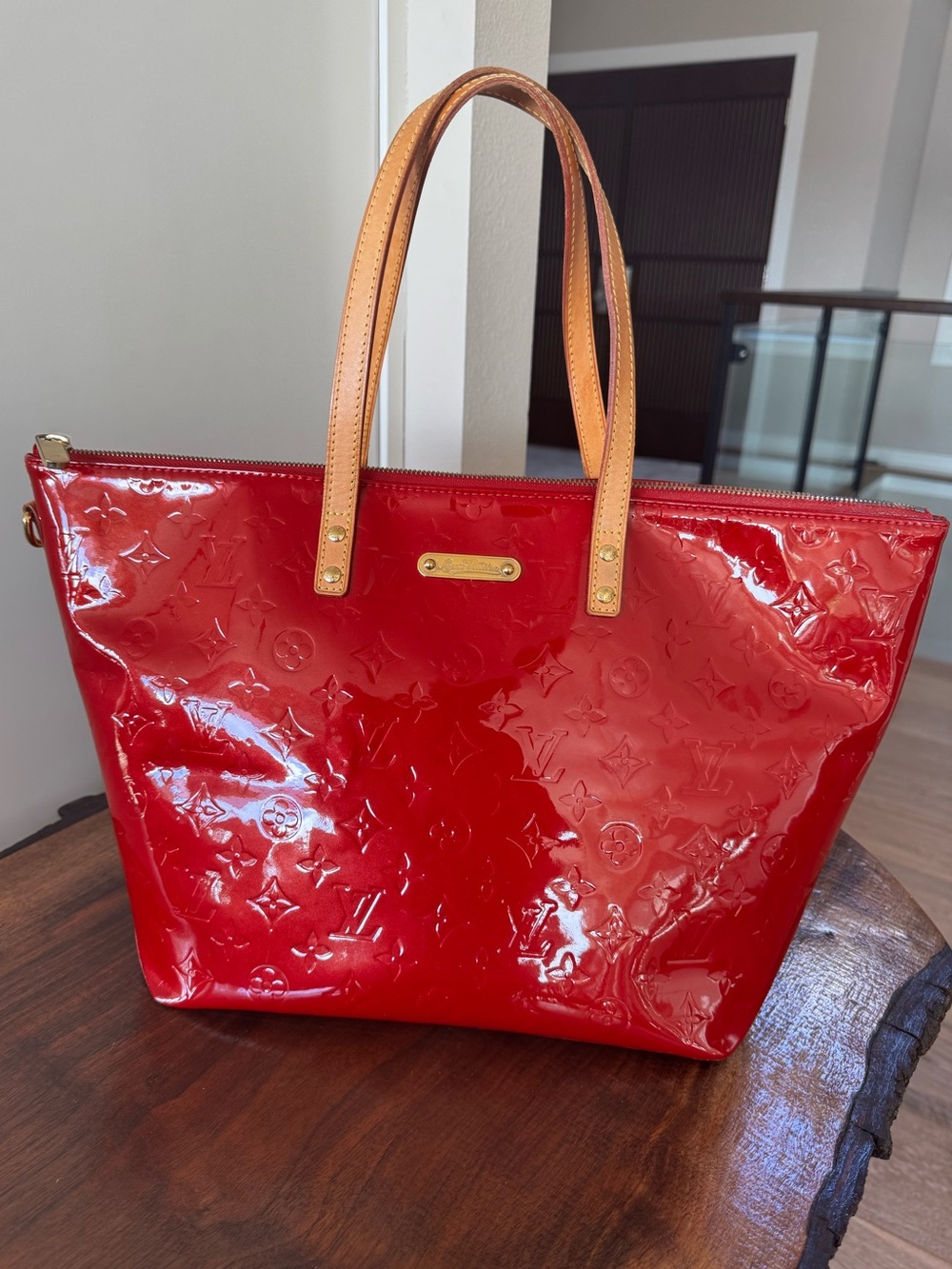 Louis Vuitton Red Vernis Patent Leather Tote with Natural Leather Handles